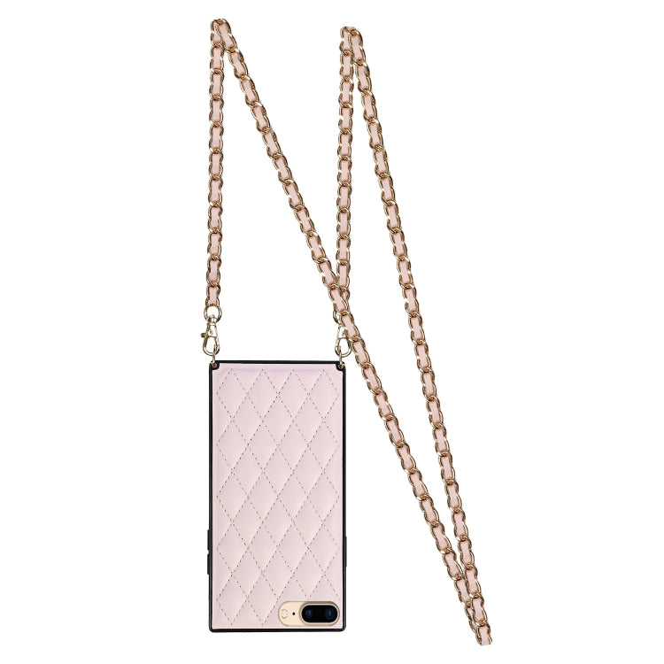 For iPhone SE 2022 / SE 2020 / 8 / 7 Elegant Rhombic Pattern Microfiber Leather +TPU Shockproof Case with Crossbody Strap Chain(Pink) - iPhone SE 2022 / 2020 / 8 / 7 Cases by buy2fix | Online Shopping UK | buy2fix