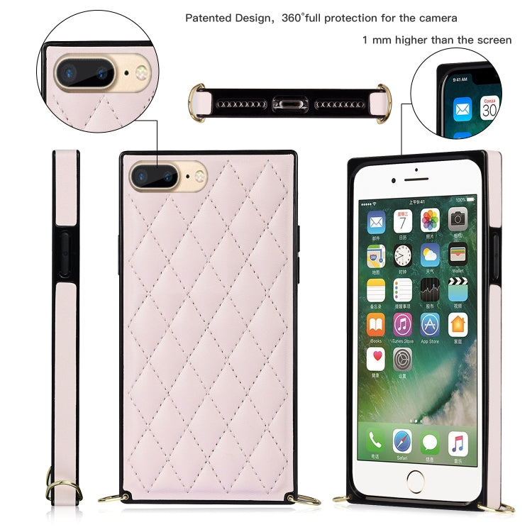 For iPhone SE 2022 / SE 2020 / 8 / 7 Elegant Rhombic Pattern Microfiber Leather +TPU Shockproof Case with Crossbody Strap Chain(Pink) - iPhone SE 2022 / 2020 / 8 / 7 Cases by buy2fix | Online Shopping UK | buy2fix
