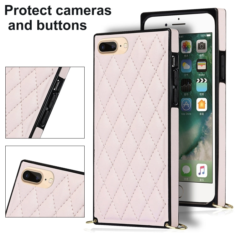 For iPhone SE 2022 / SE 2020 / 8 / 7 Elegant Rhombic Pattern Microfiber Leather +TPU Shockproof Case with Crossbody Strap Chain(Pink) - iPhone SE 2022 / 2020 / 8 / 7 Cases by buy2fix | Online Shopping UK | buy2fix