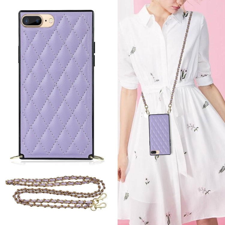 For iPhone SE 2022 / SE 2020 / 8 / 7 Elegant Rhombic Pattern Microfiber Leather +TPU Shockproof Case with Crossbody Strap Chain(Purple) - iPhone SE 2022 / 2020 / 8 / 7 Cases by buy2fix | Online Shopping UK | buy2fix