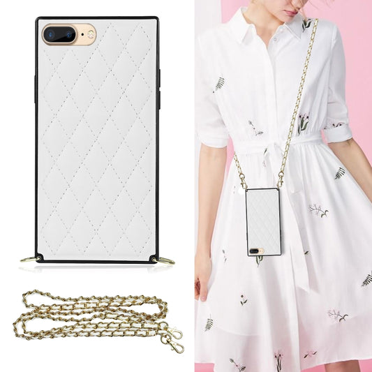 Elegant Rhombic Pattern Microfiber Leather +TPU Shockproof Case with Crossbody Strap Chain For iPhone 8 Plus / 7 Plus(White) - More iPhone Cases by buy2fix | Online Shopping UK | buy2fix