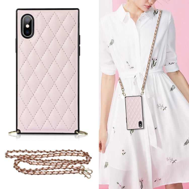 For iPhone X / XS Elegant Rhombic Pattern Microfiber Leather +TPU Shockproof Case with Crossbody Strap Chain(Pink) - More iPhone Cases by buy2fix | Online Shopping UK | buy2fix
