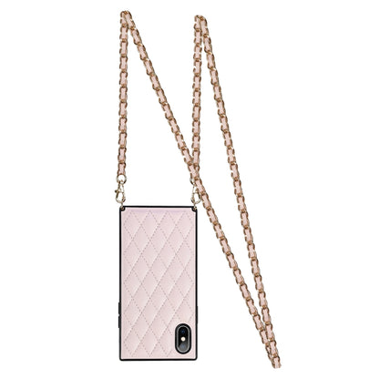 For iPhone X / XS Elegant Rhombic Pattern Microfiber Leather +TPU Shockproof Case with Crossbody Strap Chain(Pink) - More iPhone Cases by buy2fix | Online Shopping UK | buy2fix