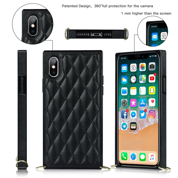 For iPhone X / XS Elegant Rhombic Pattern Microfiber Leather +TPU Shockproof Case with Crossbody Strap Chain(Black) - More iPhone Cases by buy2fix | Online Shopping UK | buy2fix