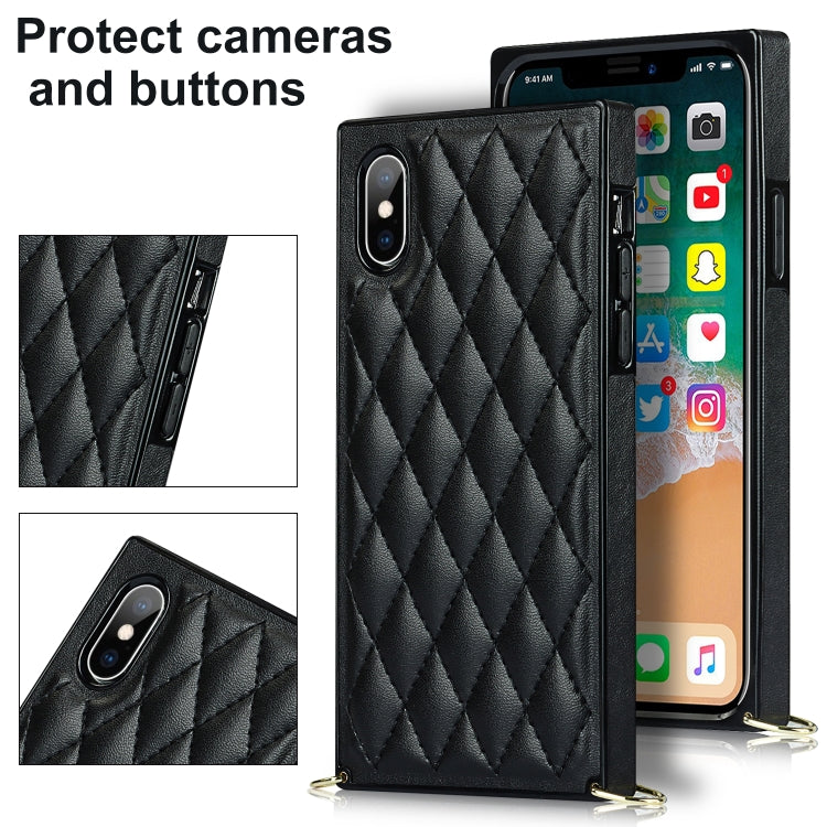 For iPhone X / XS Elegant Rhombic Pattern Microfiber Leather +TPU Shockproof Case with Crossbody Strap Chain(Black) - More iPhone Cases by buy2fix | Online Shopping UK | buy2fix