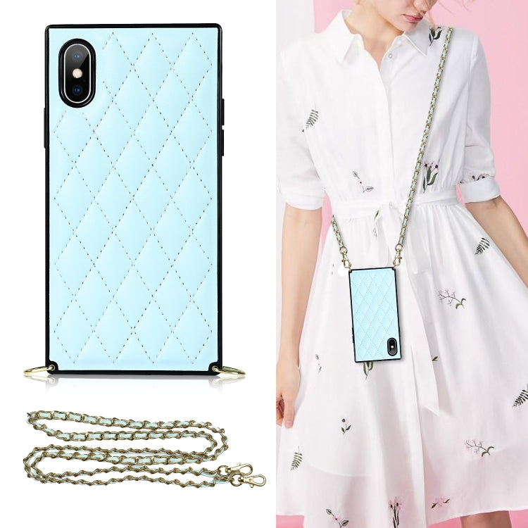 For iPhone X / XS Elegant Rhombic Pattern Microfiber Leather +TPU Shockproof Case with Crossbody Strap Chain(Blue) - More iPhone Cases by buy2fix | Online Shopping UK | buy2fix