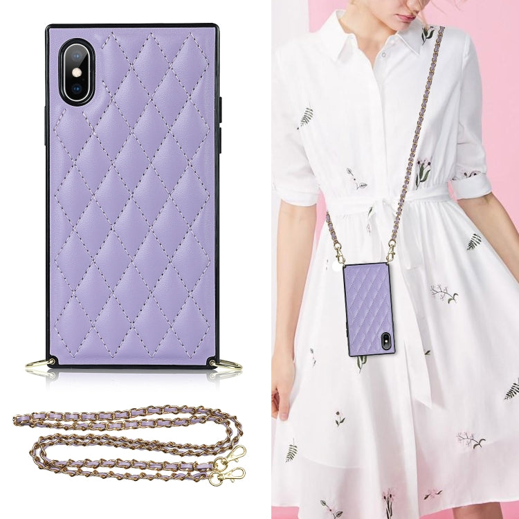 For iPhone X / XS Elegant Rhombic Pattern Microfiber Leather +TPU Shockproof Case with Crossbody Strap Chain(Purple) - More iPhone Cases by buy2fix | Online Shopping UK | buy2fix