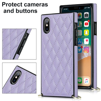 For iPhone X / XS Elegant Rhombic Pattern Microfiber Leather +TPU Shockproof Case with Crossbody Strap Chain(Purple) - More iPhone Cases by buy2fix | Online Shopping UK | buy2fix