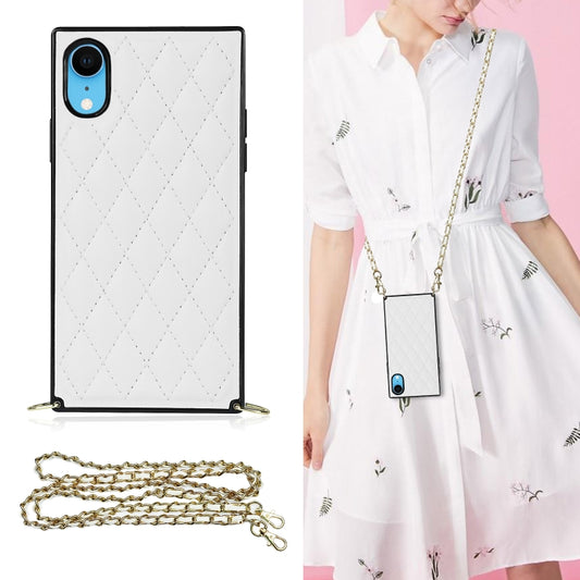 For iPhone XR Elegant Rhombic Pattern Microfiber Leather +TPU Shockproof Case with Crossbody Strap Chain(White) - More iPhone Cases by buy2fix | Online Shopping UK | buy2fix