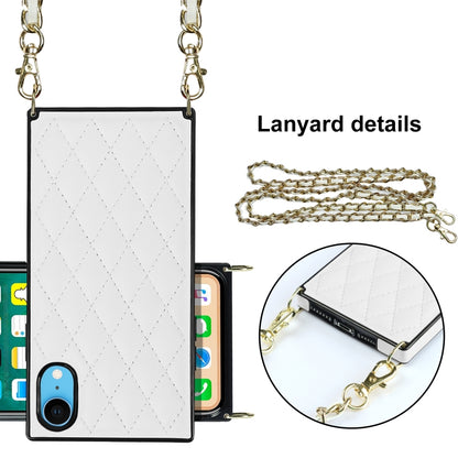 For iPhone XR Elegant Rhombic Pattern Microfiber Leather +TPU Shockproof Case with Crossbody Strap Chain(White) - More iPhone Cases by buy2fix | Online Shopping UK | buy2fix