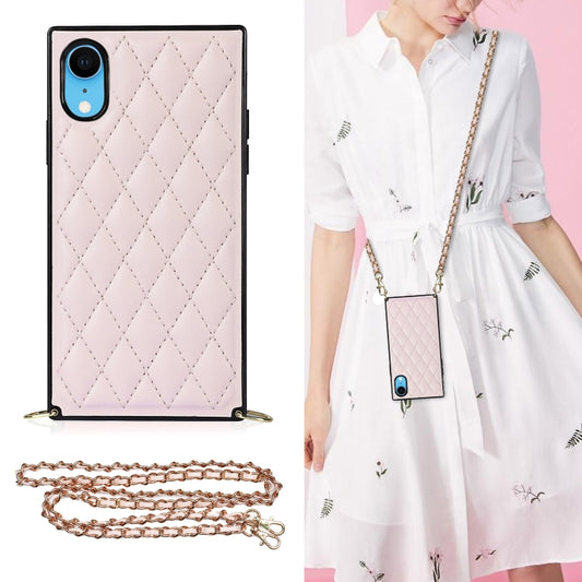 For iPhone XR Elegant Rhombic Pattern Microfiber Leather +TPU Shockproof Case with Crossbody Strap Chain(Pink) - More iPhone Cases by buy2fix | Online Shopping UK | buy2fix