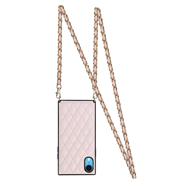 For iPhone XR Elegant Rhombic Pattern Microfiber Leather +TPU Shockproof Case with Crossbody Strap Chain(Pink) - More iPhone Cases by buy2fix | Online Shopping UK | buy2fix