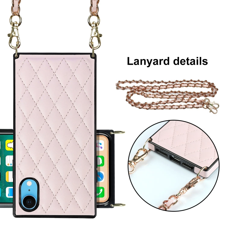 For iPhone XR Elegant Rhombic Pattern Microfiber Leather +TPU Shockproof Case with Crossbody Strap Chain(Pink) - More iPhone Cases by buy2fix | Online Shopping UK | buy2fix