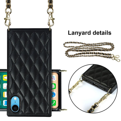 For iPhone XR Elegant Rhombic Pattern Microfiber Leather +TPU Shockproof Case with Crossbody Strap Chain(Black) - More iPhone Cases by buy2fix | Online Shopping UK | buy2fix