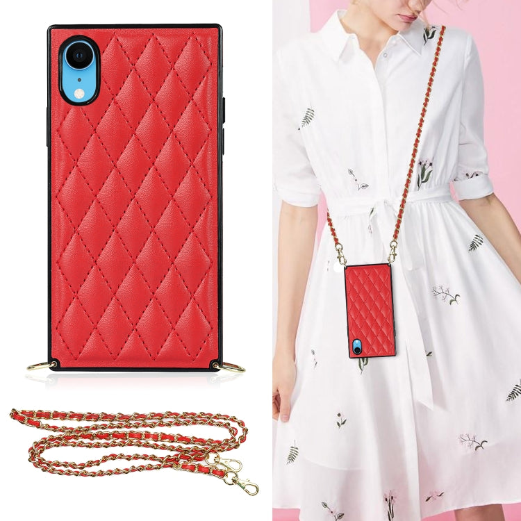For iPhone XR Elegant Rhombic Pattern Microfiber Leather +TPU Shockproof Case with Crossbody Strap Chain(Red) - More iPhone Cases by buy2fix | Online Shopping UK | buy2fix