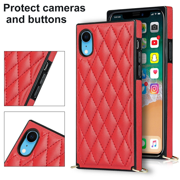 For iPhone XR Elegant Rhombic Pattern Microfiber Leather +TPU Shockproof Case with Crossbody Strap Chain(Red) - More iPhone Cases by buy2fix | Online Shopping UK | buy2fix
