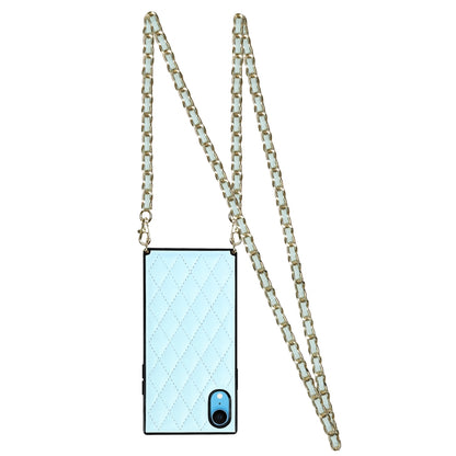 For iPhone XR Elegant Rhombic Pattern Microfiber Leather +TPU Shockproof Case with Crossbody Strap Chain(Blue) - More iPhone Cases by buy2fix | Online Shopping UK | buy2fix