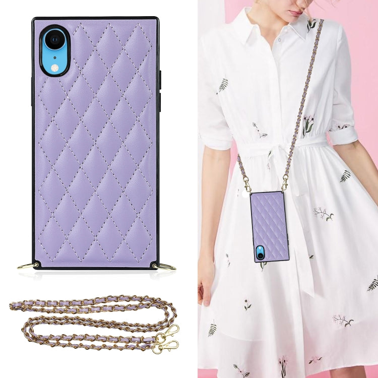 For iPhone XR Elegant Rhombic Pattern Microfiber Leather +TPU Shockproof Case with Crossbody Strap Chain(Purple) - More iPhone Cases by buy2fix | Online Shopping UK | buy2fix