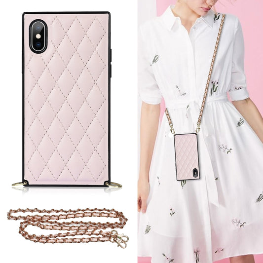 For iPhone XS Max Elegant Rhombic Pattern Microfiber Leather +TPU Shockproof Case with Crossbody Strap Chain(Pink) - More iPhone Cases by buy2fix | Online Shopping UK | buy2fix