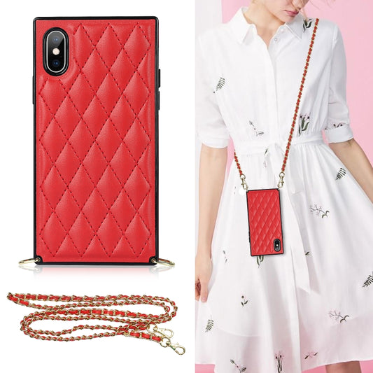 For iPhone XS Max Elegant Rhombic Pattern Microfiber Leather +TPU Shockproof Case with Crossbody Strap Chain(Red) - More iPhone Cases by buy2fix | Online Shopping UK | buy2fix