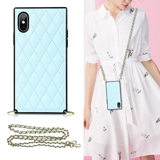 For iPhone XS Max Elegant Rhombic Pattern Microfiber Leather +TPU Shockproof Case with Crossbody Strap Chain(Blue) - More iPhone Cases by buy2fix | Online Shopping UK | buy2fix