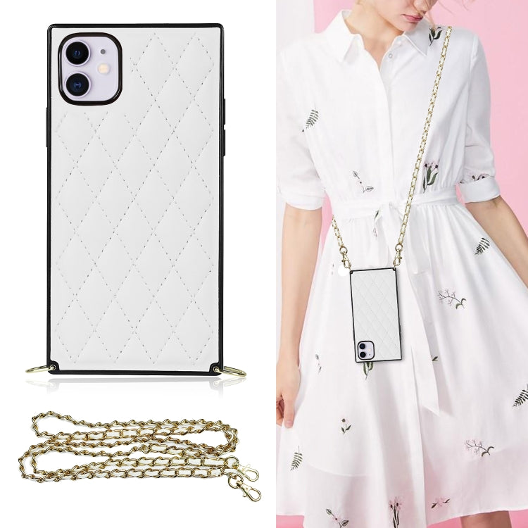 For iPhone 11 Elegant Rhombic Pattern Microfiber Leather +TPU Shockproof Case with Crossbody Strap Chain (White) - iPhone 11 Cases by buy2fix | Online Shopping UK | buy2fix