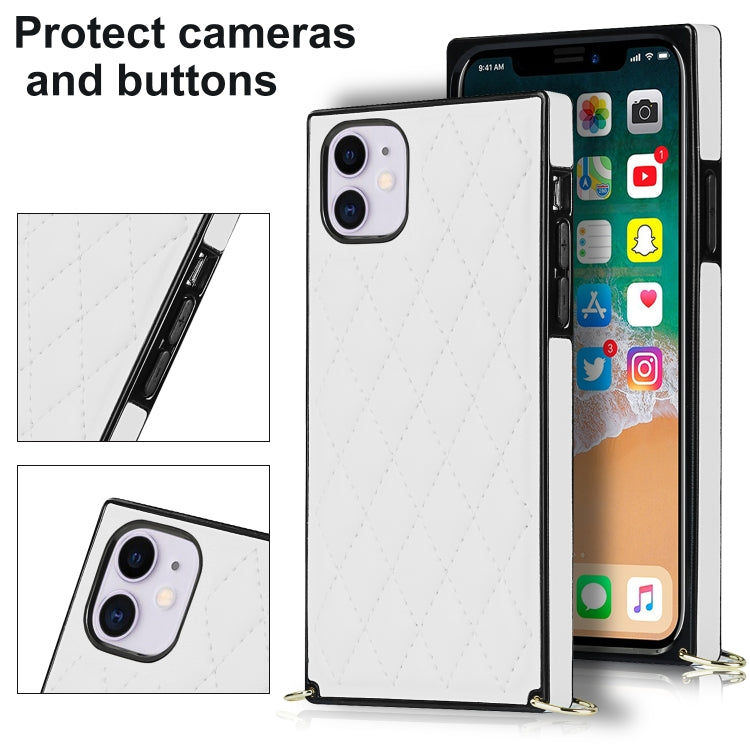 For iPhone 11 Elegant Rhombic Pattern Microfiber Leather +TPU Shockproof Case with Crossbody Strap Chain (White) - iPhone 11 Cases by buy2fix | Online Shopping UK | buy2fix