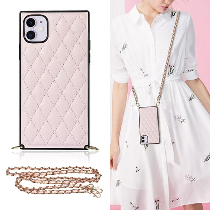 For iPhone 11 Elegant Rhombic Pattern Microfiber Leather +TPU Shockproof Case with Crossbody Strap Chain (Pink) - iPhone 11 Cases by buy2fix | Online Shopping UK | buy2fix
