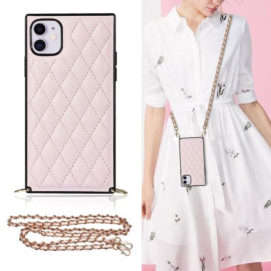 For iPhone 11 Elegant Rhombic Pattern Microfiber Leather +TPU Shockproof Case with Crossbody Strap Chain (Pink) - iPhone 11 Cases by buy2fix | Online Shopping UK | buy2fix