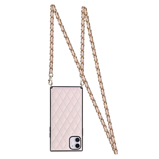 For iPhone 11 Elegant Rhombic Pattern Microfiber Leather +TPU Shockproof Case with Crossbody Strap Chain (Pink) - iPhone 11 Cases by buy2fix | Online Shopping UK | buy2fix