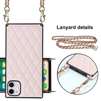 For iPhone 11 Elegant Rhombic Pattern Microfiber Leather +TPU Shockproof Case with Crossbody Strap Chain (Pink) - iPhone 11 Cases by buy2fix | Online Shopping UK | buy2fix