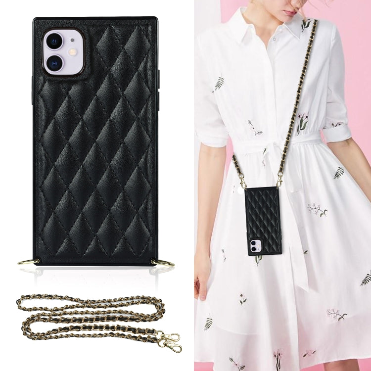 For iPhone 11 Elegant Rhombic Pattern Microfiber Leather +TPU Shockproof Case with Crossbody Strap Chain (Black) - iPhone 11 Cases by buy2fix | Online Shopping UK | buy2fix