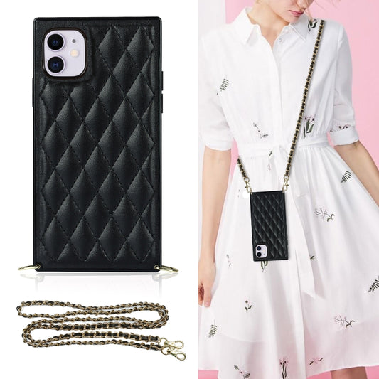 For iPhone 11 Elegant Rhombic Pattern Microfiber Leather +TPU Shockproof Case with Crossbody Strap Chain (Black) - iPhone 11 Cases by buy2fix | Online Shopping UK | buy2fix