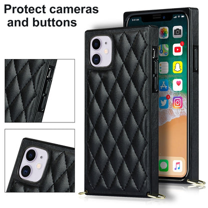 For iPhone 11 Elegant Rhombic Pattern Microfiber Leather +TPU Shockproof Case with Crossbody Strap Chain (Black) - iPhone 11 Cases by buy2fix | Online Shopping UK | buy2fix