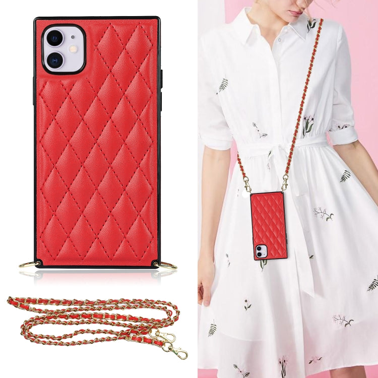 For iPhone 11 Elegant Rhombic Pattern Microfiber Leather +TPU Shockproof Case with Crossbody Strap Chain (Red) - iPhone 11 Cases by buy2fix | Online Shopping UK | buy2fix