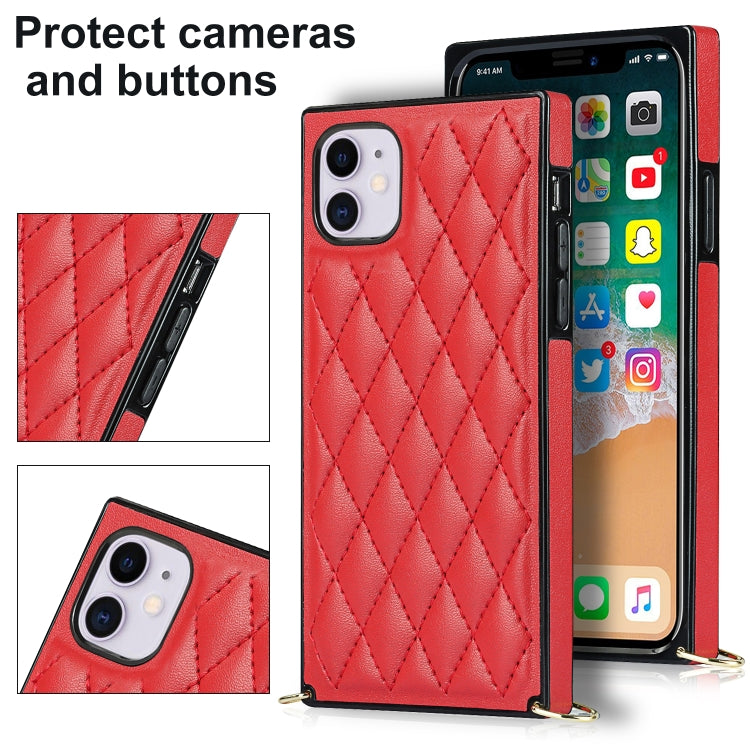 For iPhone 11 Elegant Rhombic Pattern Microfiber Leather +TPU Shockproof Case with Crossbody Strap Chain (Red) - iPhone 11 Cases by buy2fix | Online Shopping UK | buy2fix
