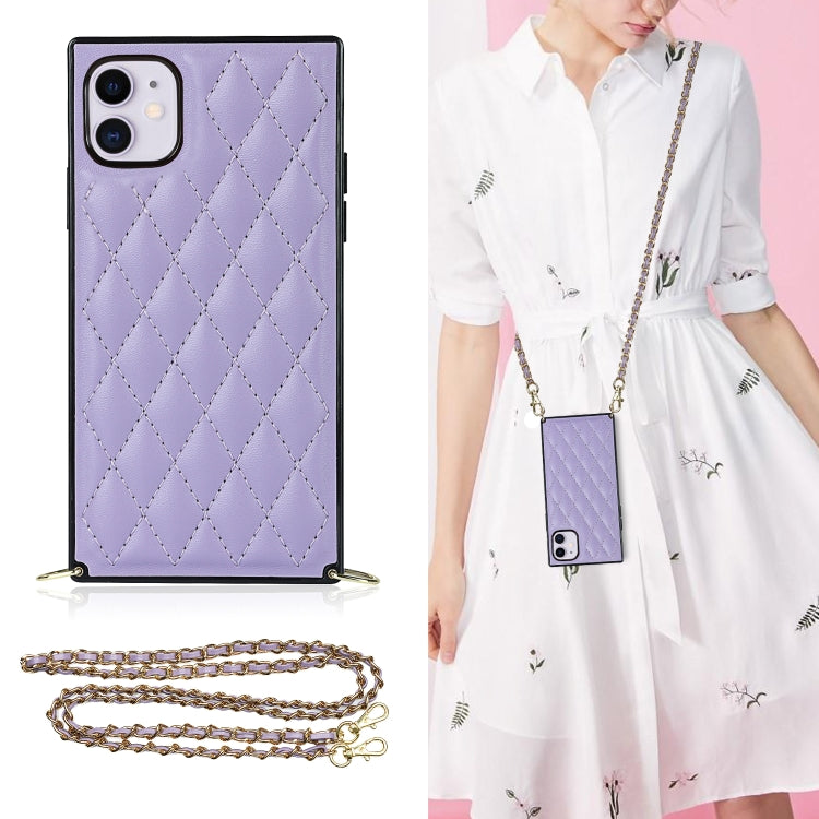 For iPhone 11 Elegant Rhombic Pattern Microfiber Leather +TPU Shockproof Case with Crossbody Strap Chain (Purple) - iPhone 11 Cases by buy2fix | Online Shopping UK | buy2fix