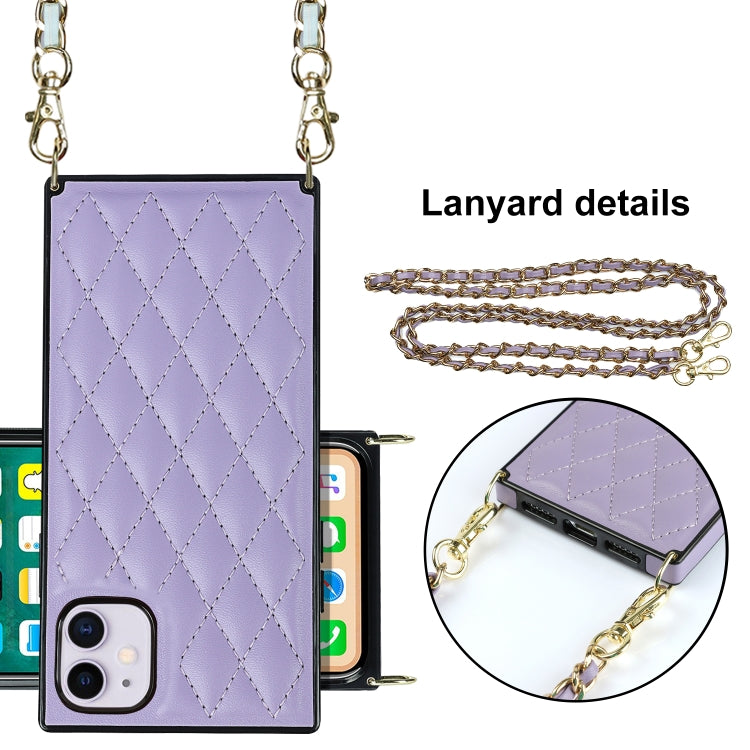 For iPhone 11 Elegant Rhombic Pattern Microfiber Leather +TPU Shockproof Case with Crossbody Strap Chain (Purple) - iPhone 11 Cases by buy2fix | Online Shopping UK | buy2fix