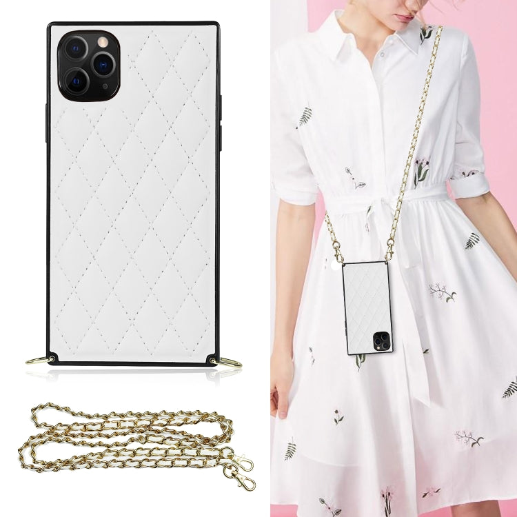 For iPhone 11 Pro Elegant Rhombic Pattern Microfiber Leather +TPU Shockproof Case with Crossbody Strap Chain (White) - iPhone 11 Pro Cases by buy2fix | Online Shopping UK | buy2fix