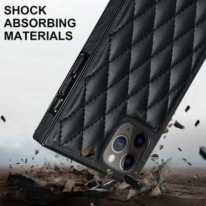 For iPhone 11 Pro Elegant Rhombic Pattern Microfiber Leather +TPU Shockproof Case with Crossbody Strap Chain (Black) - iPhone 11 Pro Cases by buy2fix | Online Shopping UK | buy2fix