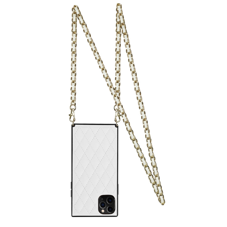 For iPhone 11 Pro Max Elegant Rhombic Pattern Microfiber Leather +TPU Shockproof Case with Crossbody Strap Chain (White) - iPhone 11 Pro Max Cases by buy2fix | Online Shopping UK | buy2fix