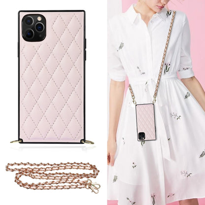 For iPhone 11 Pro Max Elegant Rhombic Pattern Microfiber Leather +TPU Shockproof Case with Crossbody Strap Chain (Pink) - iPhone 11 Pro Max Cases by buy2fix | Online Shopping UK | buy2fix