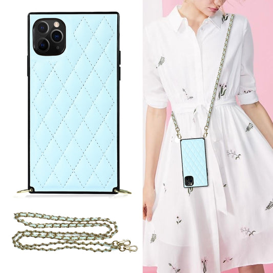 For iPhone 11 Pro Max Elegant Rhombic Pattern Microfiber Leather +TPU Shockproof Case with Crossbody Strap Chain (Blue) - iPhone 11 Pro Max Cases by buy2fix | Online Shopping UK | buy2fix