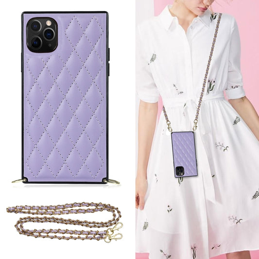 For iPhone 11 Pro Max Elegant Rhombic Pattern Microfiber Leather +TPU Shockproof Case with Crossbody Strap Chain (Purple) - iPhone 11 Pro Max Cases by buy2fix | Online Shopping UK | buy2fix