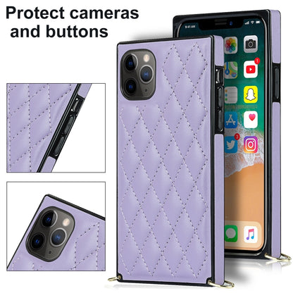 For iPhone 11 Pro Max Elegant Rhombic Pattern Microfiber Leather +TPU Shockproof Case with Crossbody Strap Chain (Purple) - iPhone 11 Pro Max Cases by buy2fix | Online Shopping UK | buy2fix