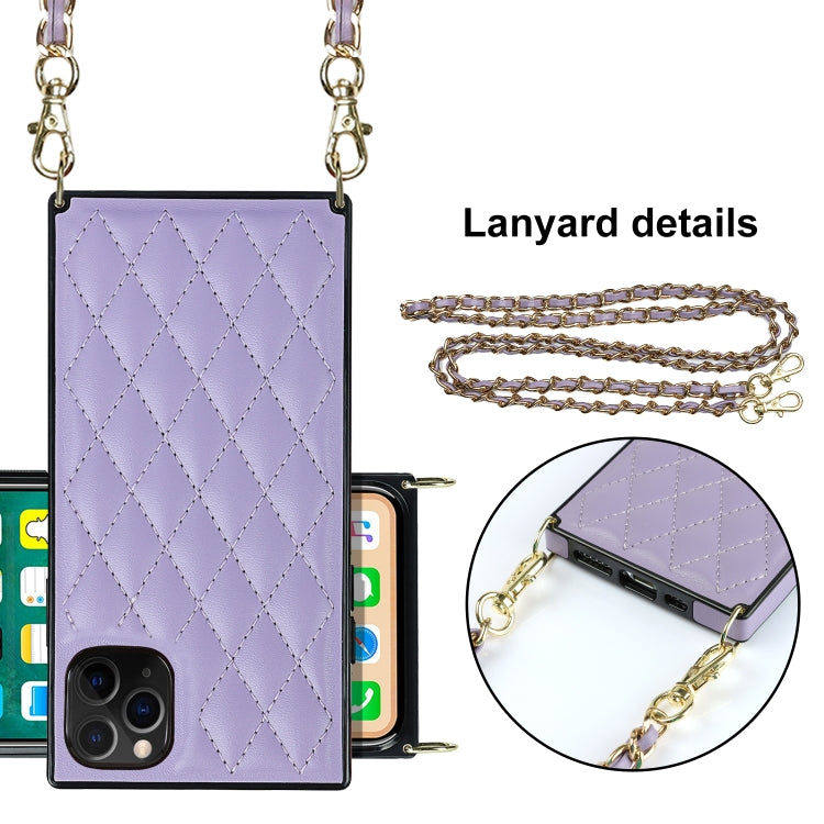 For iPhone 11 Pro Max Elegant Rhombic Pattern Microfiber Leather +TPU Shockproof Case with Crossbody Strap Chain (Purple) - iPhone 11 Pro Max Cases by buy2fix | Online Shopping UK | buy2fix