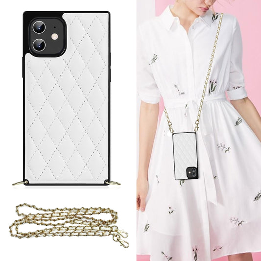For iPhone 12 mini Elegant Rhombic Pattern Microfiber Leather +TPU Shockproof Case with Crossbody Strap Chain (White) - iPhone 12 mini Cases by buy2fix | Online Shopping UK | buy2fix