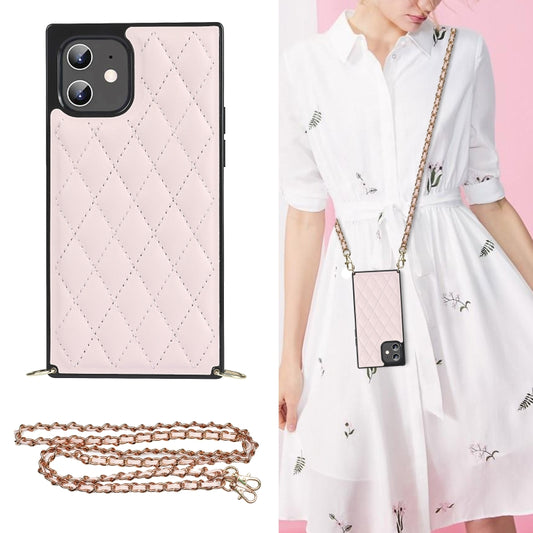 For iPhone 12 mini Elegant Rhombic Pattern Microfiber Leather +TPU Shockproof Case with Crossbody Strap Chain (Pink) - iPhone 12 mini Cases by buy2fix | Online Shopping UK | buy2fix