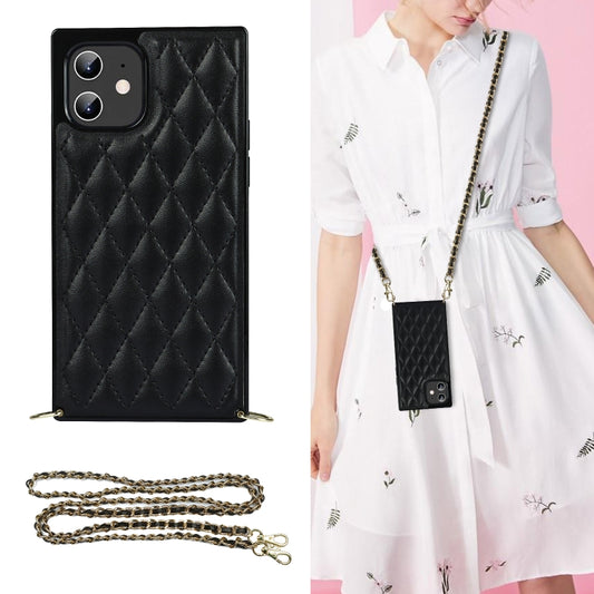 For iPhone 12 mini Elegant Rhombic Pattern Microfiber Leather +TPU Shockproof Case with Crossbody Strap Chain (Black) - iPhone 12 mini Cases by buy2fix | Online Shopping UK | buy2fix