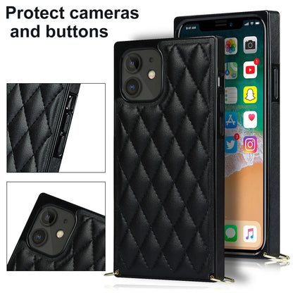 For iPhone 12 mini Elegant Rhombic Pattern Microfiber Leather +TPU Shockproof Case with Crossbody Strap Chain (Black) - iPhone 12 mini Cases by buy2fix | Online Shopping UK | buy2fix